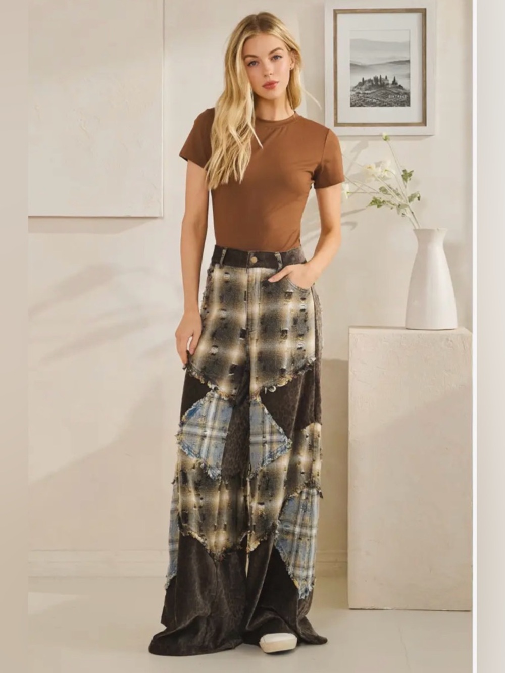 NEW Oli & Hali Washed Plaid Leopard Detail Patchwork Pants - Picture 6 of 10